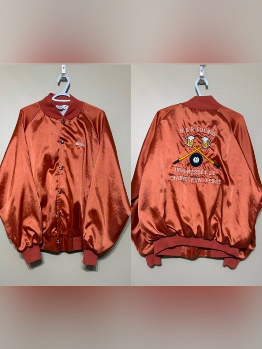 Vintage Rust Satin Bomber Jacket H&R Lounge Embroidered Pool Beer Bar